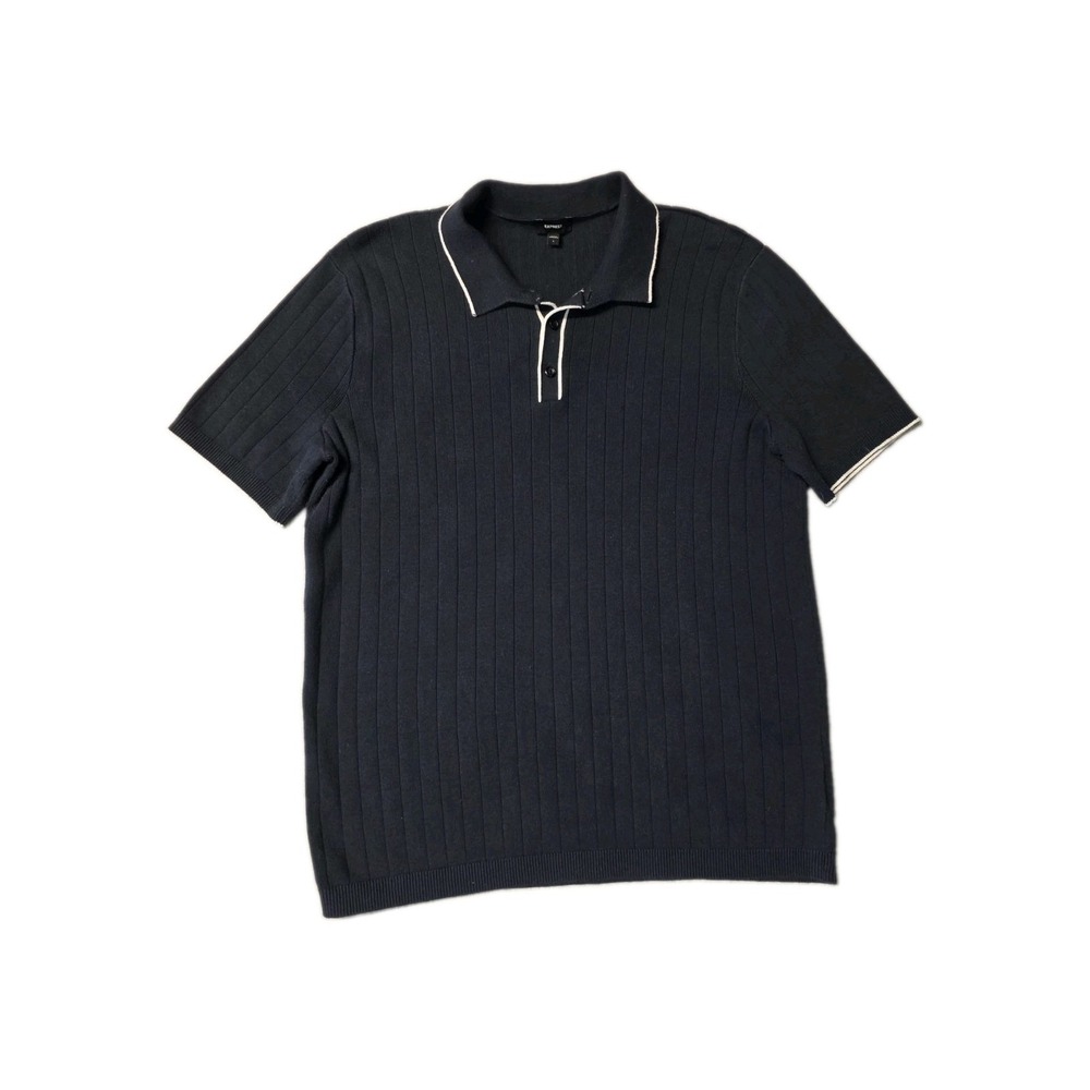 Express Mens Cotton Knit Striped Ribbed Polo Shirt Black Size L Short Sleeve